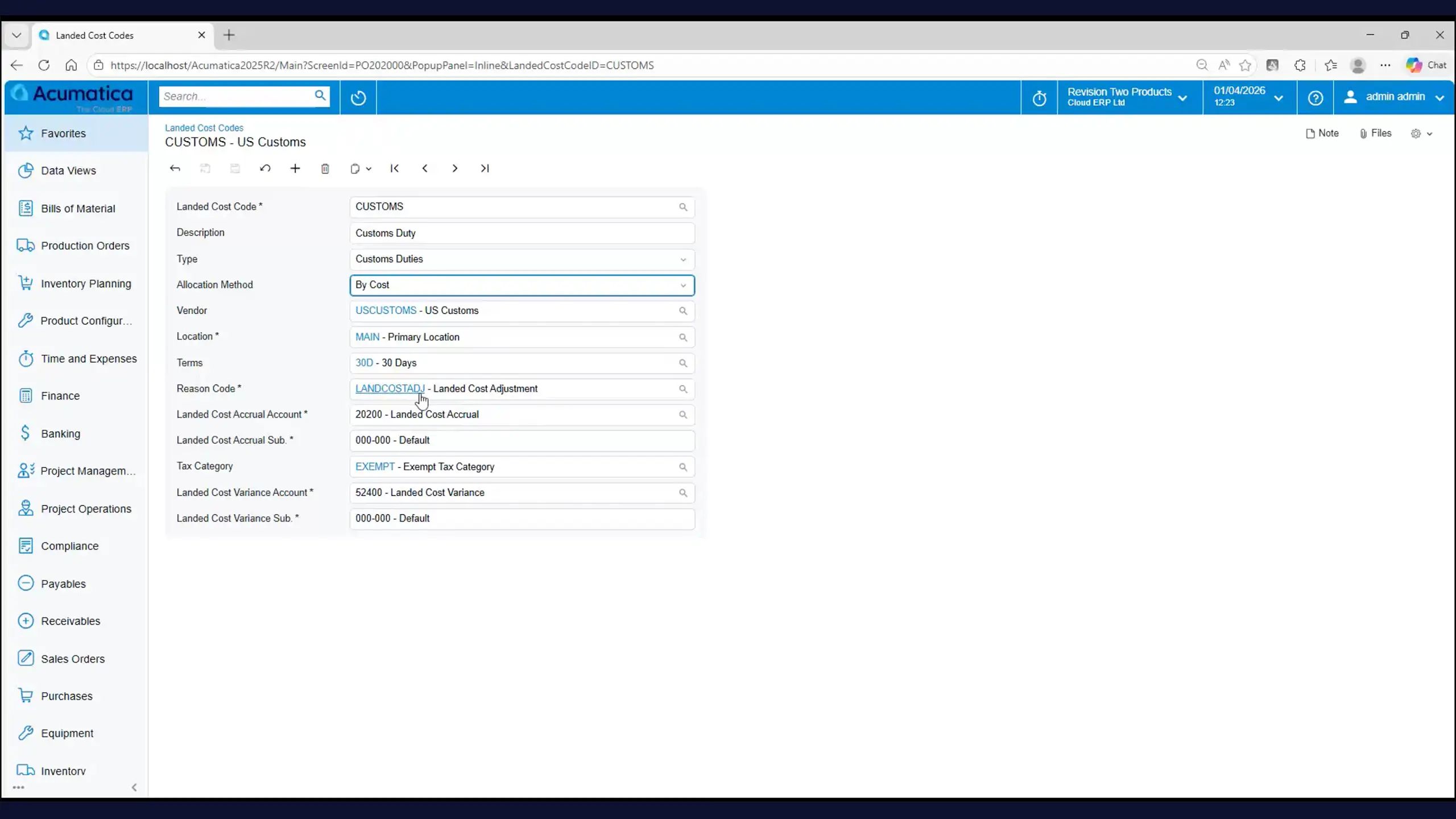 Landed costs in Acumatica Cloud ERP